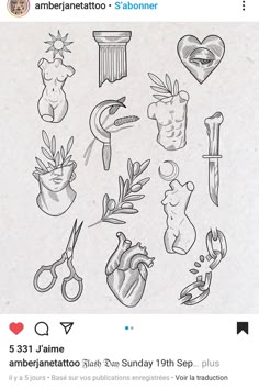 a bunch of different items that are drawn in ink on paper with scissors and other things