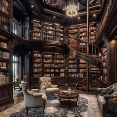 a living room filled with furniture and bookshelves next to a spiral stair case