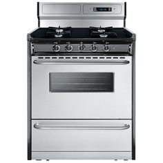 a stainless steel stove with two burners and one oven door open, in front of a white background