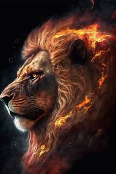 a lion's head is shown with flames coming out of its fur and eyes