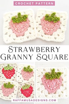 a collage of photos showing several strawberry granny squares crocheted in different acrylic and cotton yarns Strawberry Granny Square, Spiral Crochet, Granny Square Crochet Patterns Free, Beginner Crochet Projects, Crochet Simple, Haken Baby