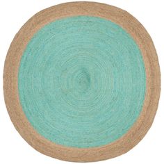 a round rug with blue and tan colors