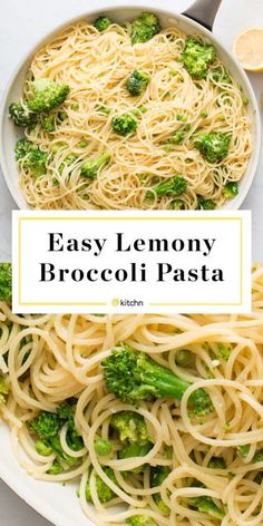 easy lemony broccoli pasta in a white bowl with the title overlay