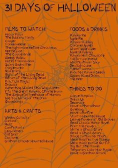 an orange and black poster with the words 31 days of halloween written in different languages