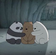 three cartoon bears sitting next to each other in front of a cave with trees and rocks