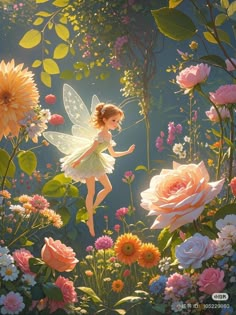 a painting of a fairy in the middle of flowers