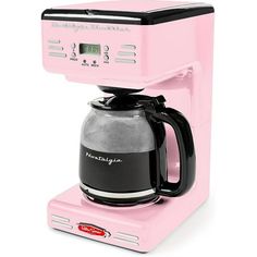 a pink coffee maker with a black handle