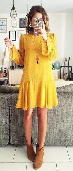 #fall #outfits women's yellow long-sleeve mini dress Yellow Dress Outfit Casual, Yellow Dress Long Sleeve, Yellow Dress Long, Cute Yellow Dresses, Yellow Dress Outfit, Robe Diy, Yellow Long Sleeve Shirt, Affordable Clothing Websites, Long Sleeve Outfit