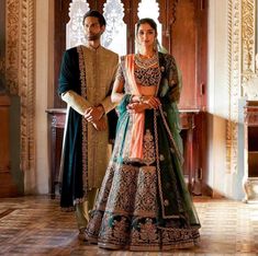 Sabyasachi Designer, Shyamal And Bhumika, Coordinates Outfits, Bridesmaid Lehenga, Couple Wedding Dress, Bollywood Lehenga, Green Lehenga, Lehenga Collection, Indian Lehenga