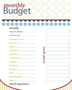 a printable budget sheet with the words, month and year on it in red