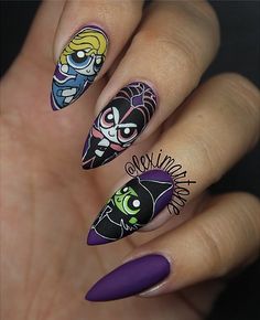 Harley Quinn Nails, 90s Nails, Coffin Acrylic Nails, Nail Art Halloween, Cartoon Nails, Halloween Horror Movies, Nails Love, Her Nails, Halloween Nail Designs