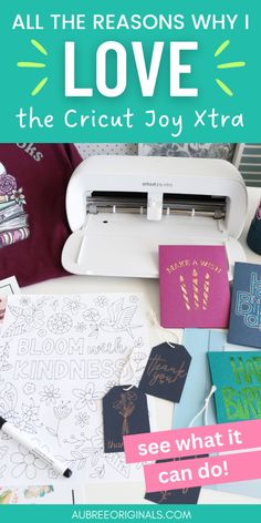 the cricut joy xtra is on display with other crafting supplies and paper