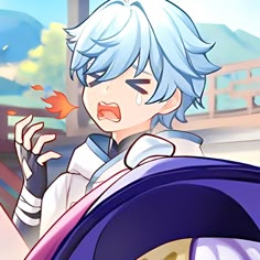 an anime character with blue hair and white hair, holding his hand out to the side