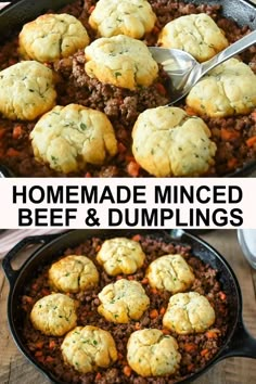 homemade minced beef and dumplings in a cast iron skillet with text overlay