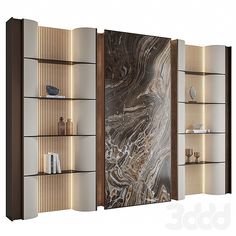 three bookshelves with marble and wood panels on the sides, one is open