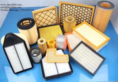 various air filters are arranged on a blue surface