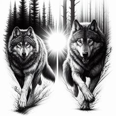 two wolfs running through the woods with trees in the background and light coming from behind them