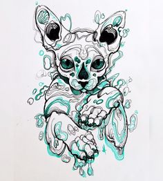 an ink drawing of a cat with green eyes and blue swirls on it's body