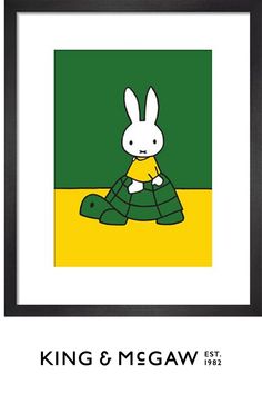 a white rabbit sitting on top of a turtle in front of a green and yellow background