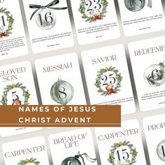 twelve christmas cards with names of jesus christ's adventent written in red and green