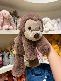 a person holding a stuffed monkey in front of shelves with other stuffed animals on them