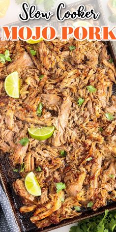 the slow cooker is full of meat and garnished with cilantro