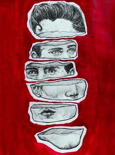 a drawing of four faces with different shapes and sizes on them, all over a red background