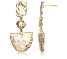 Showcase an artisanal look with the beauty of these goldtone dangle earrings. Each one is crafted with three different shapes and topped with a hammered finish.