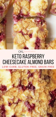 cheesecake almond bars stacked on top of each other with the words keto raspberry cheesecake almond bars below