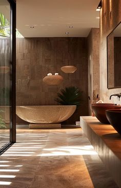 a bathroom with two sinks and a large bathtub in the middle of the room