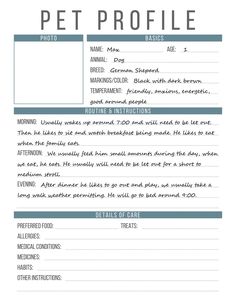 a pet profile sheet with the words pet profile in blue and white letters on it