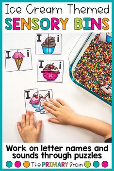 an ice cream themed sensory bin for kids to work on letter names and sounds through puzzles