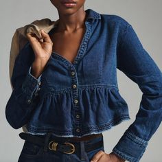 Cropped Peplum Button Down Denim Top With Long Sleeves From Pilcro Sold At Anthropologie. Dark Blue Wash. Soft Denim. V-Neck Collar. Buttons On Sleeve Cuffs. Raw Edge Hem On Peplum. New With Tags. Flat Measurements Chest: 20” Length: 19” Blue Denim Top Outfit, Medium Wash Button-up Denim Top With Buttoned Pockets, Chambray Denim Top For Fall, Spring Washed Blue Denim Button-up Top, Washed Blue Button-up Denim Top For Day Out, Fall Chambray Button-up Denim Top, Trendy Button-up Denim Top, Trendy Denim Button-up Top, Washed Blue Button-up Denim Jacket For Day Out