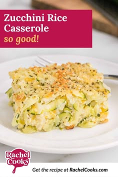 zucchini rice casserole so good on a white plate with a fork