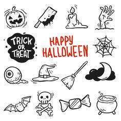 halloween doodles with the words trick or treat written in red and black on a white background