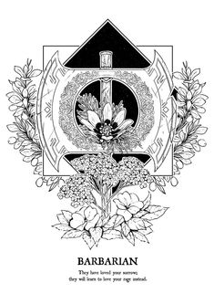 a black and white drawing of the barbarin logo, with flowers around it