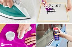 four different pictures showing how to use an iron on the clothes line, and then do list laundry wipes