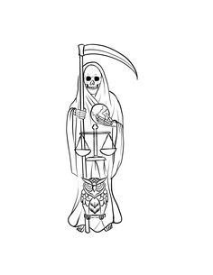 a drawing of a skeleton holding a sceptacle