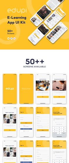 the yellow and white website design is displayed on top of each other, with several different screens