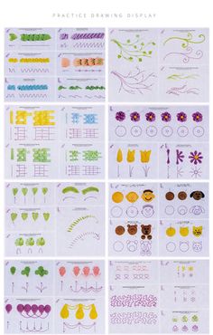 several different types of flower and plant designs on white paper with the words practice drawing display