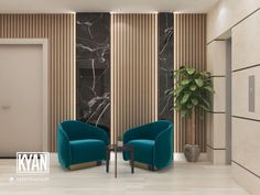 an office lobby with marble walls and blue chairs