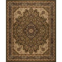 a brown rug with an ornate design on the top and bottom, along with black accents