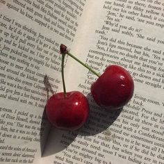 two cherries sitting on top of an open book