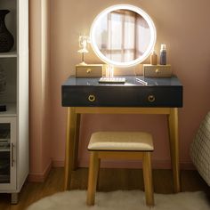 a vanity with a mirror and stool in a room