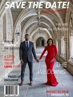 a man and woman holding hands on the cover of wedding magazine, save the date