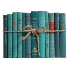 a row of blue books tied with a rope and sitting on top of each other