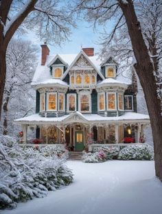 a large house covered in snow next to trees