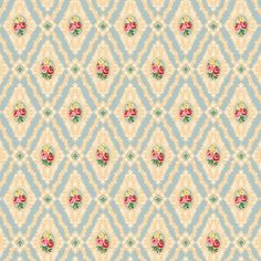 a blue and beige wallpaper with roses on it