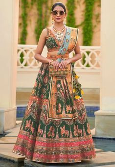 Digital Printed Art Silk Lehenga in Dark Green Mirror Work Lehenga, Bridesmaid Lehenga, Green Lehenga, Lehenga Online, Lehenga Skirt, Lehenga Choli Online, Embroidered Lehenga, Party Wear Lehenga, Bridal Lehenga Choli