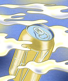 an illustration of a can of soda floating in the water with clouds and sun shining on it